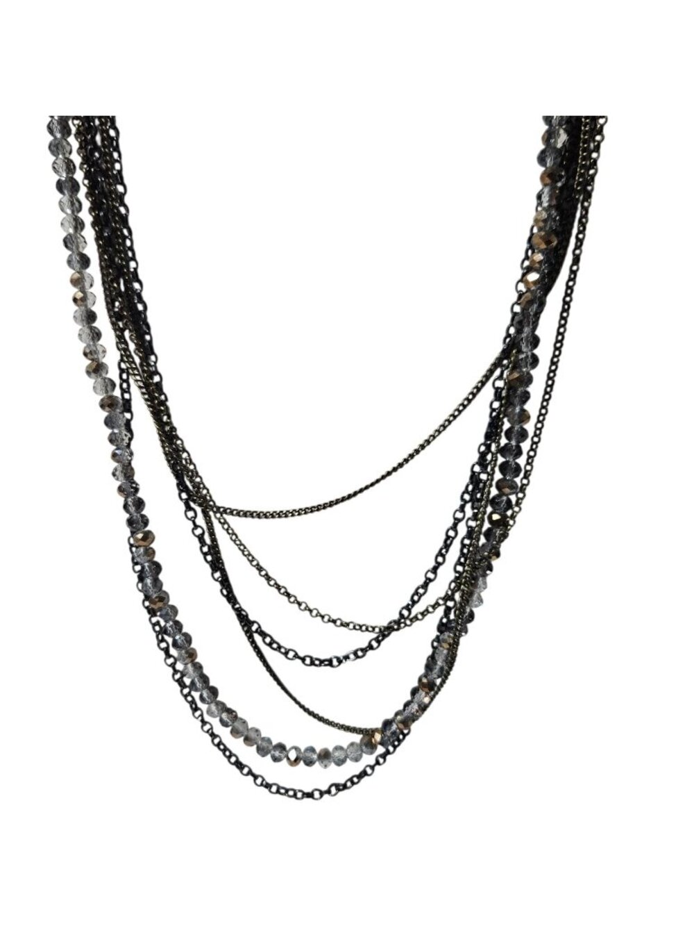 Gunmetal Tone Layered Chain Necklace Gray Faceted Beads Multistrand Gothic Glam